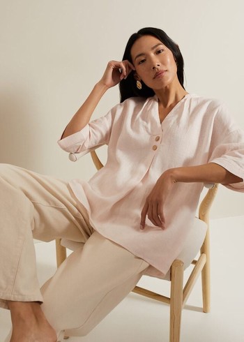 Phase Eight Posie Button Front Linen Shirts Pink Australia | QF5726013